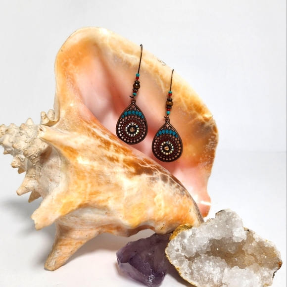 Jewelry - Bronze Teal and Red Tear Drop Earrings